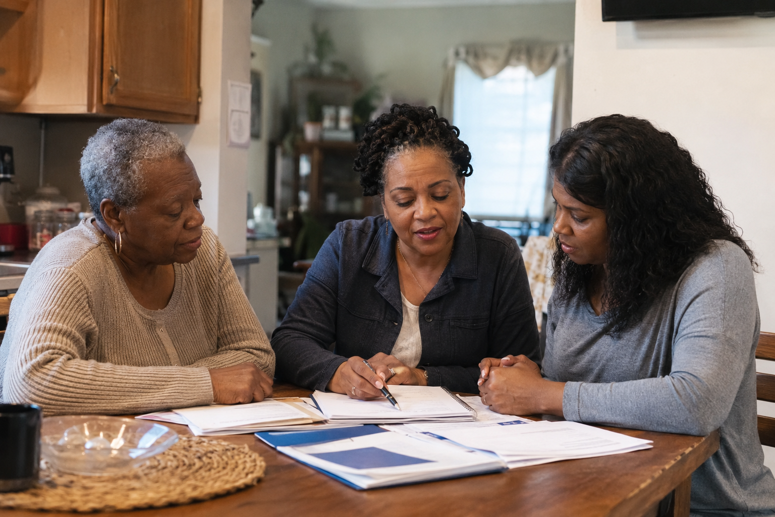 A community resource professional helping a family organize plans and documents at a table