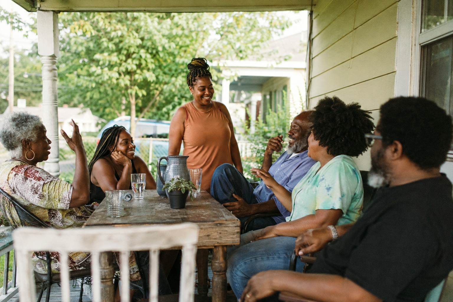 A multigenerational Black family laughing together around a table on a front porch